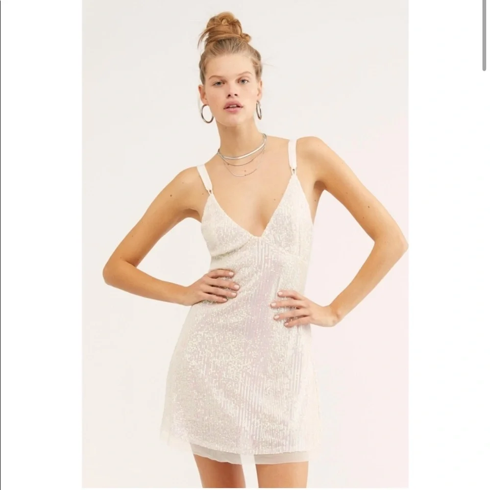🎉HP🎉 FP Free People INTIMATELY Gold Rush Mini Dress in Icicle Pearl Combo Y2K - Picture 3 of 9